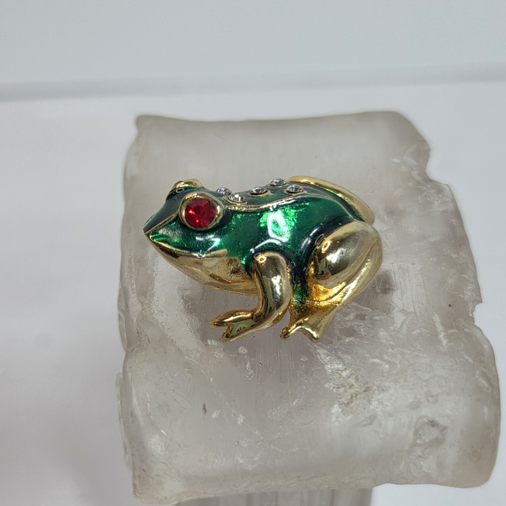 small enameled rhinestone frog brooch pin gold tone red eyes 1inch thick chubby